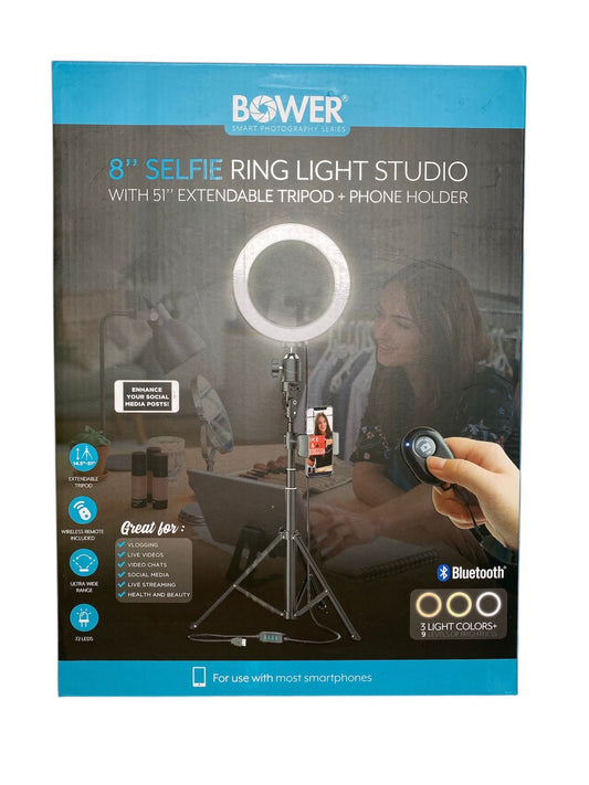 Bower Anillo de Luz Selfie de 8" con Trípode Extensible de 51" y Soporte para Teléfono - Incluye Control Bluetooth