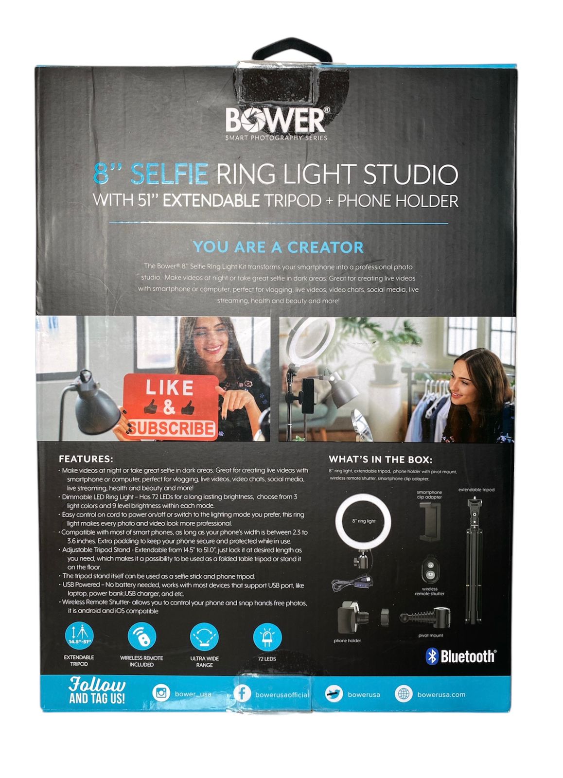 Bower Anillo de Luz Selfie de 8" con Trípode Extensible de 51" y Soporte para Teléfono - Incluye Control Bluetooth